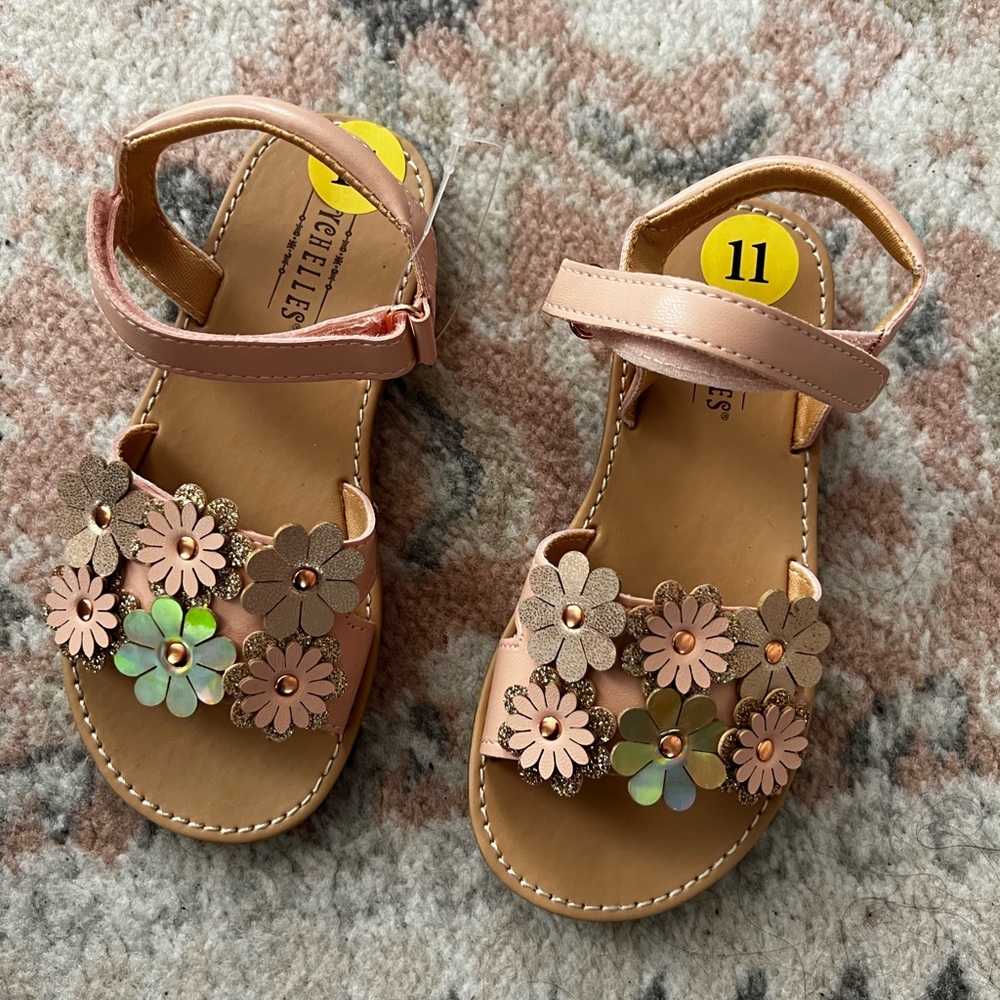 Pink and Gold Sandals with Floral Appliqués
